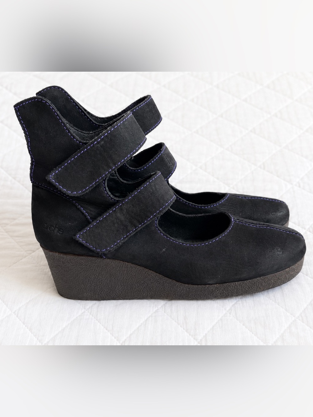 Arche France Black Nubuck Triple Strap Wedge Mary Jane Shoes Size 8